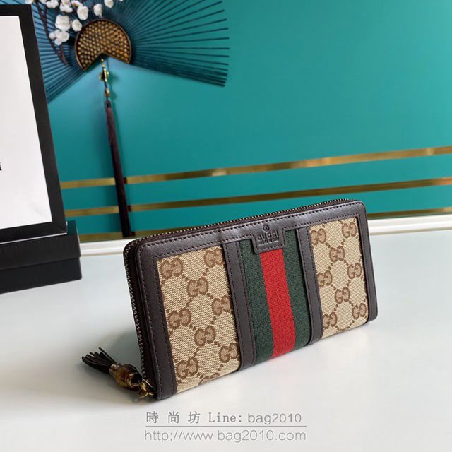 Gucci古馳包包 G家新款錢包 353651 古奇啡色杏布織帶拉鏈長款錢包 gdj1374